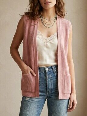 Sz M Vintage 1970s Helen Harper Ribbed Dusty Rose Pink Open-Front Cardigan Vest